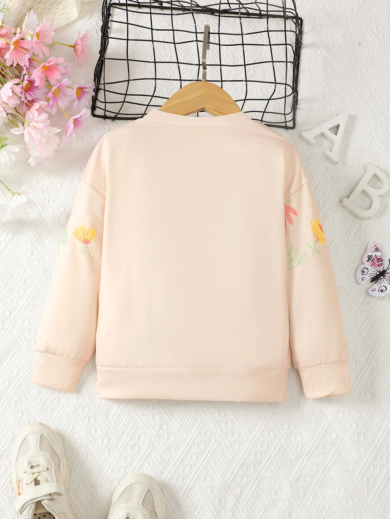 4-7 سنوات الفتيات الخريف هوديي جولة الرقبة زهرة رسالة مطبوعة طويلة الأكمام عارضة أعلى للأطفال والفتيات الملابس #2