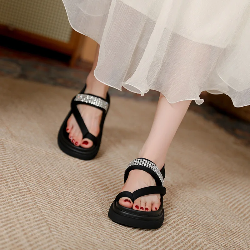 

Summer Platform Cross-elastic Sandals Women Rhinestone Clip Toe Roman Shoes Black Open Toe Beach Shoes