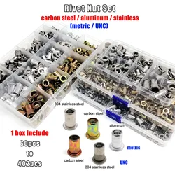 1 doos M3 M4 M5 M6 M8 Amerikaanse grove draad UNC 304 A2-70 roestvrij staal koolstofstaal aluminium platte kop klinkmoer klinkmoer set kit