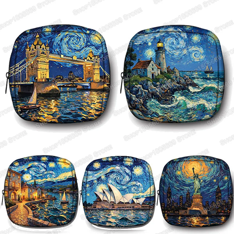 Sydney Opera House Eiffel Tower Cosmetic Case Van Gogh Statue of Liberty Women Sanitary Pad Storage Bag Lipstick Makeup Bags