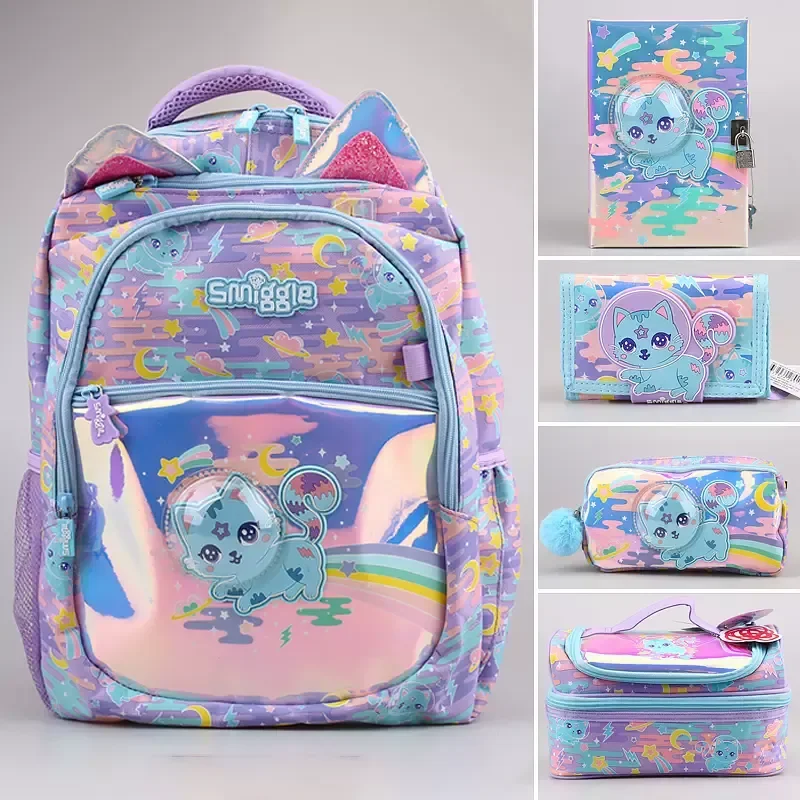 2024 Australian Smiggle Kawaii Blue Space Cat Student Backpack Crossbody Backpack Lunch Bag Pencil Box Card Bag Student Gift