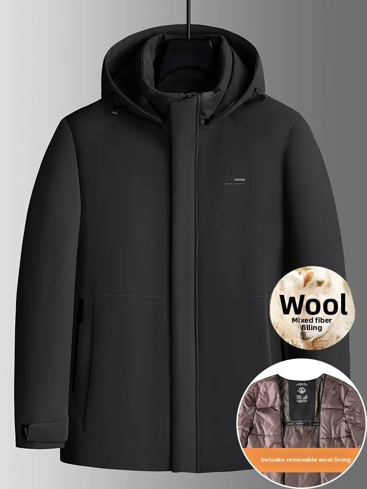 

Men's Thiened Warm Detachable Wool Inner Cotton Jaet plus Size Loose Fit Winter Coat Busin Casual Sle Zipper Closure