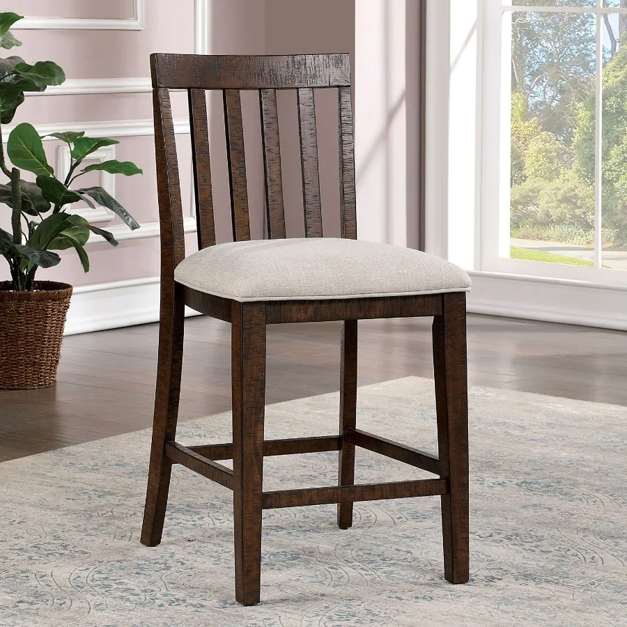 

Set of 2pcs Counter Height Chair Dining Room Furniture Rustic Oak Beige Fabric Cushion w Welt Slat Back Kitchen Breakfast