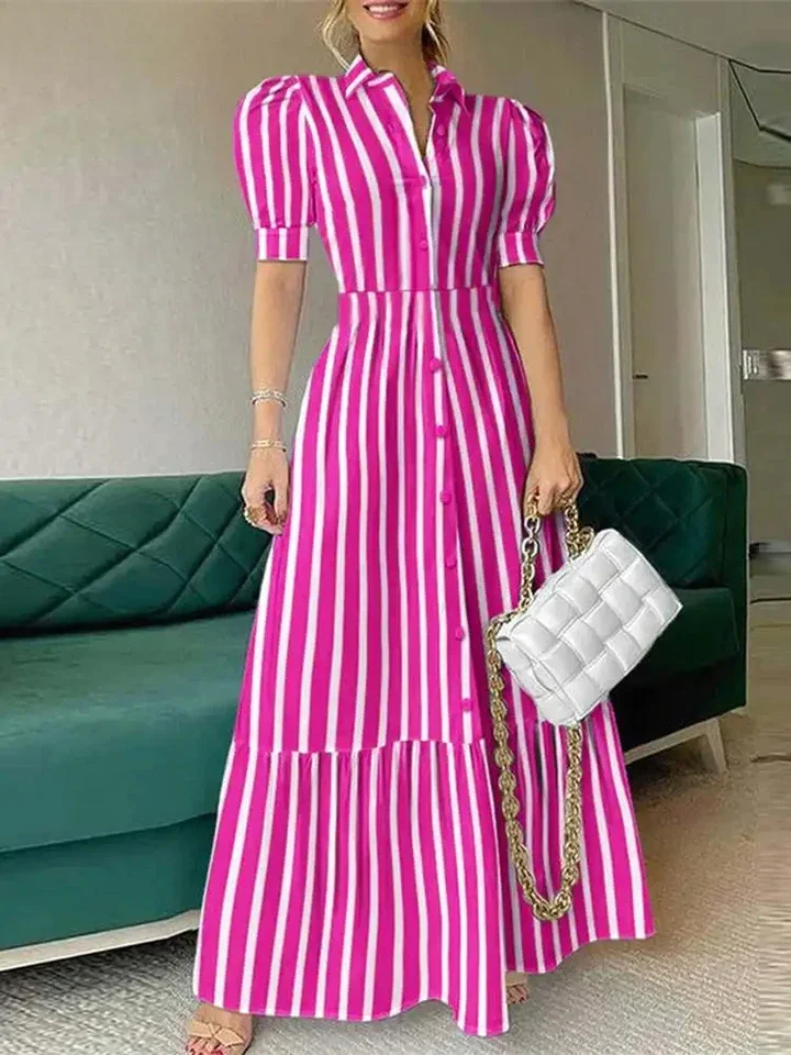 

Elegant Striped Shirt Dress Summer Women Sexy Puff Sleeve Lapel Long Maxi Sundress Casual Buttons Robe Streetwear