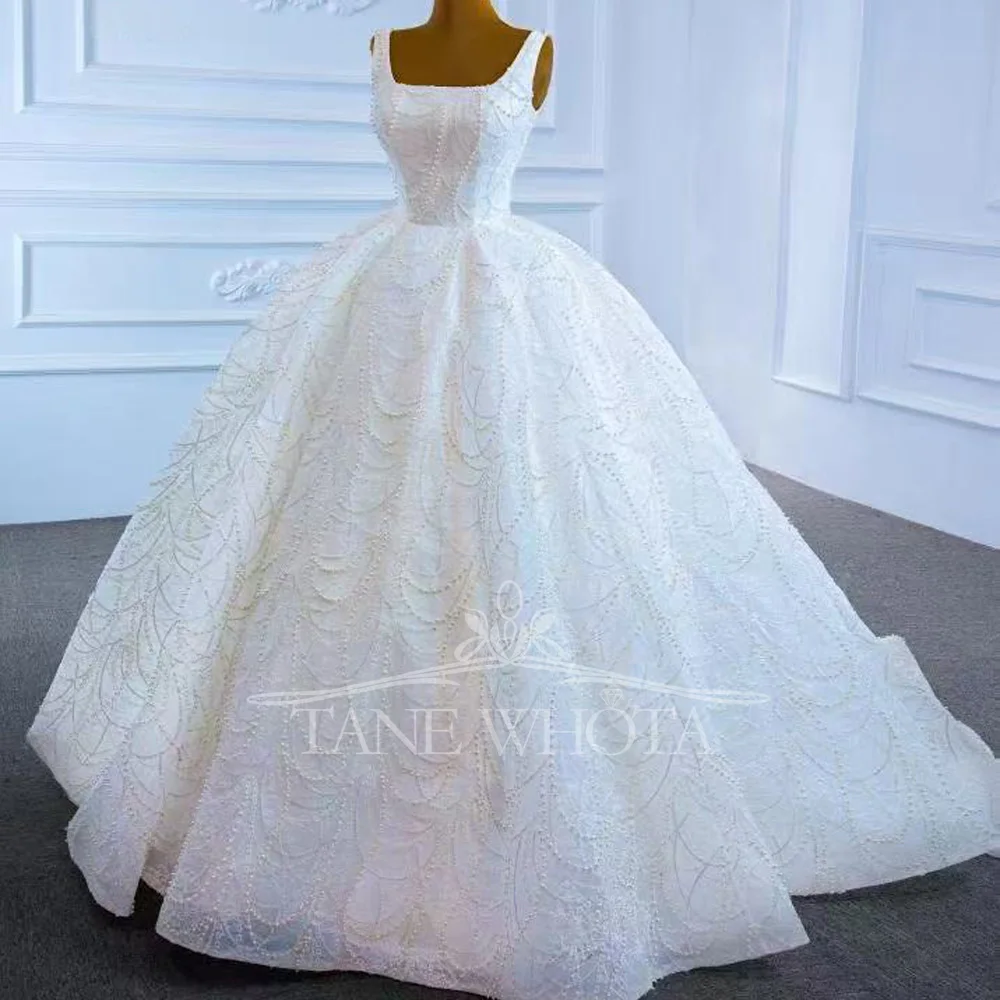 Customized Ball Gown Sequined Bridal Dress With Lace-Up Back And Square Collar For Wedding