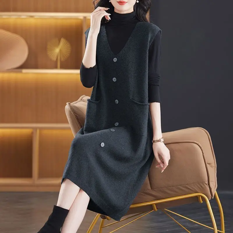 Rompi Rajut Panjang Sedang Model Oversize Cardigan Dress Sweater Vest Tanpa Lengan Longgar Baru