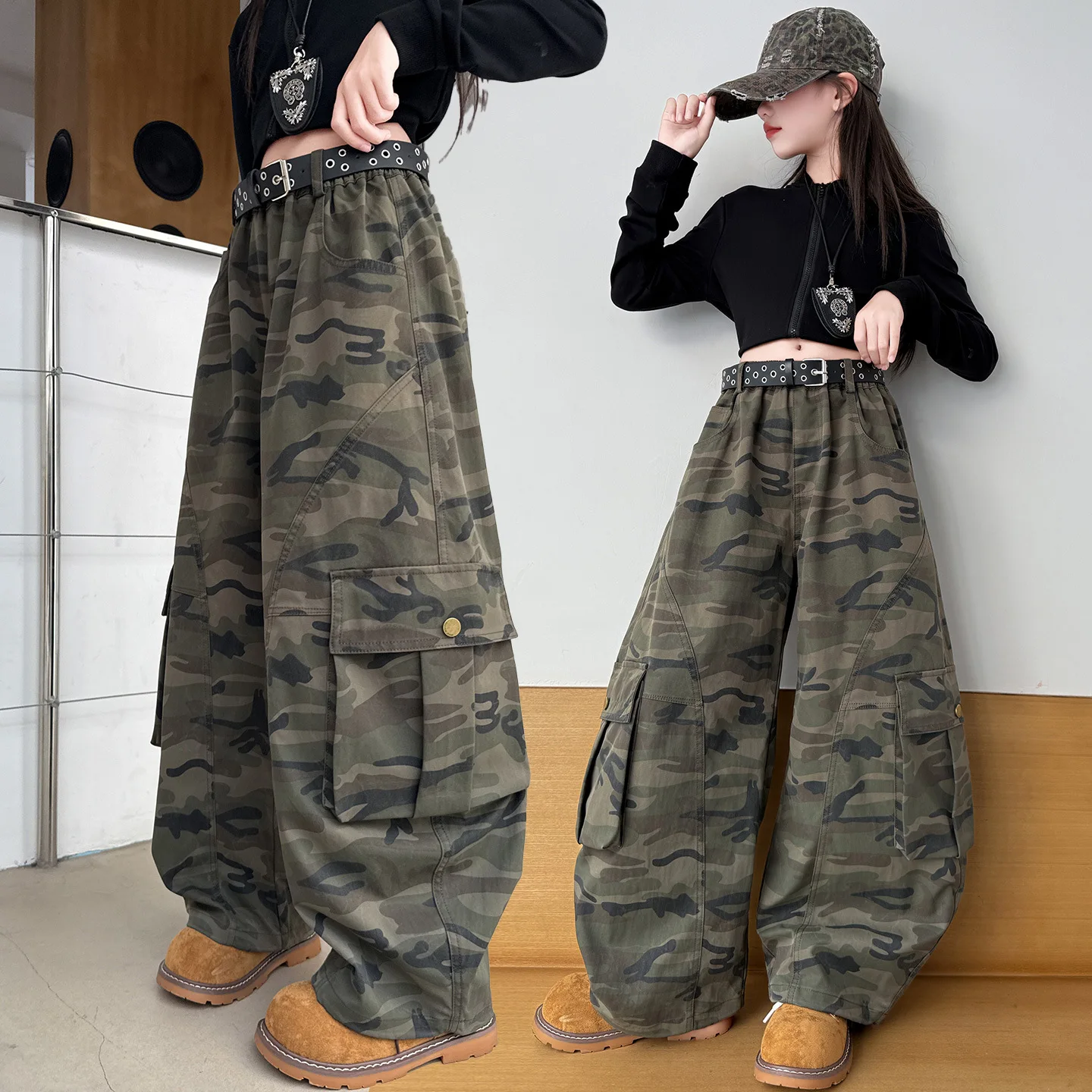 2026 Spring Autumn New Girls Camo Cargo Pants Cool Streetwear Loose Wide Leg Casual Trousers Stylish Unique Outfit for Teen Kids