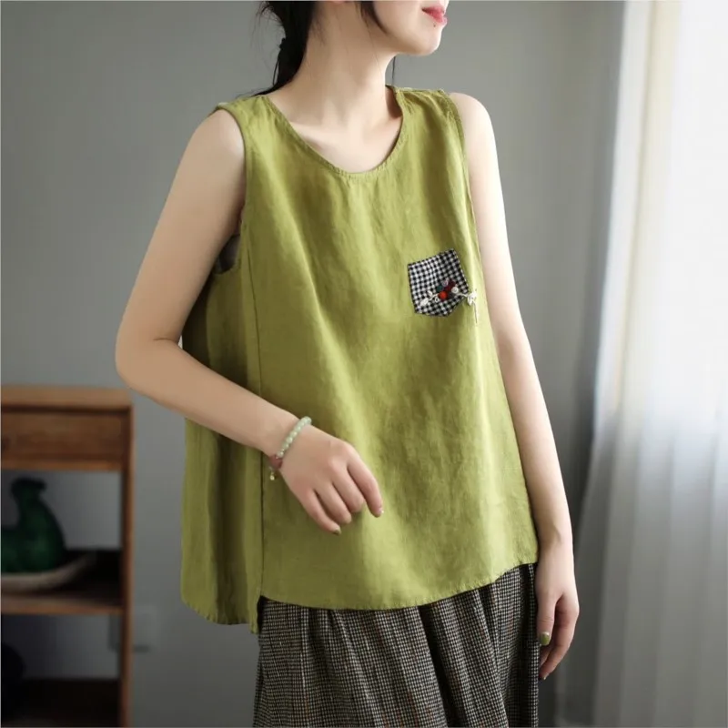 2025 New Arrival Pregnant Women's Summer Cotton and Hemp New Tank Top Maternity Loose Sleeveless Solid Color Retro Tank TopLH043