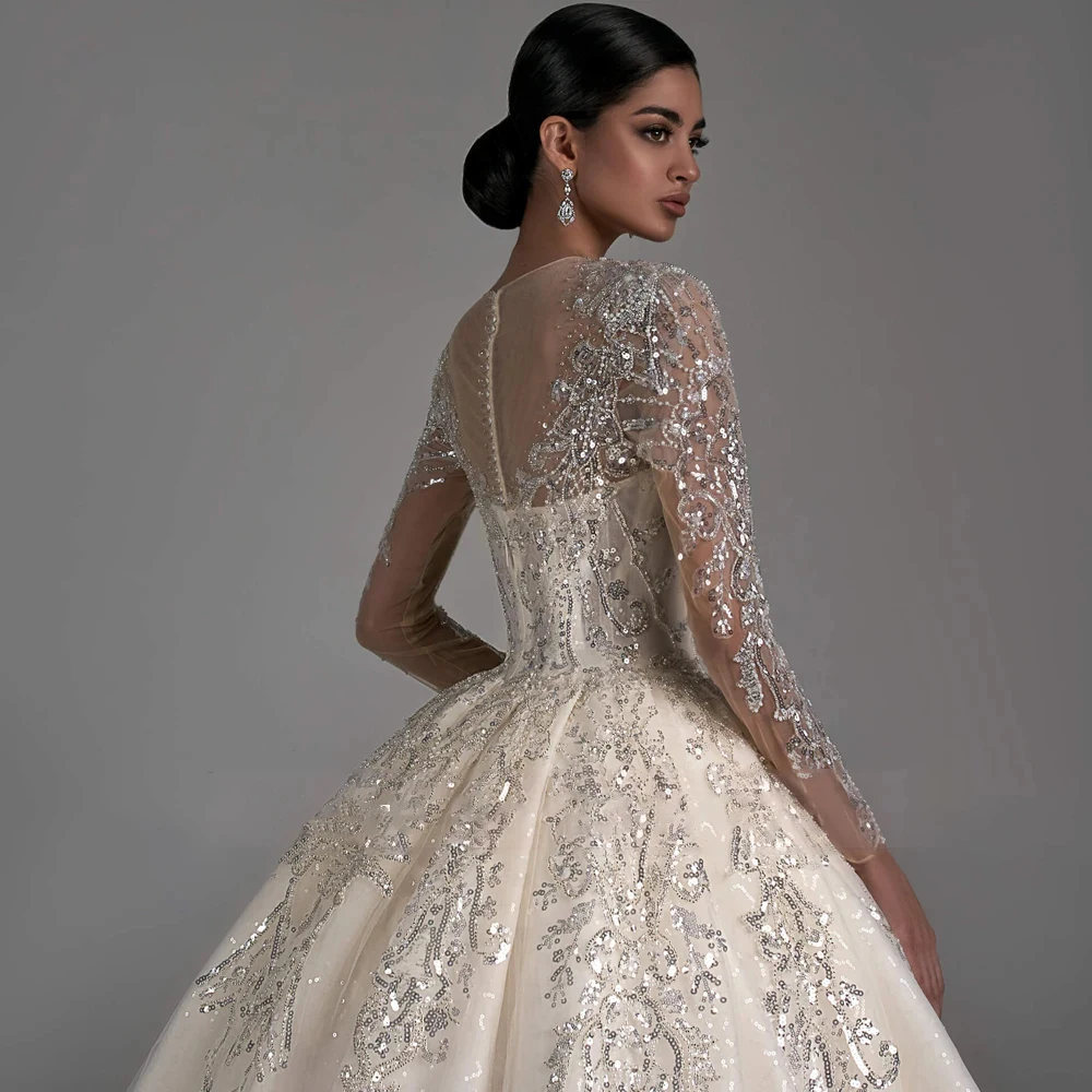 Lindo vestido de baile vestido de casamento 2024 requintado o pescoço manga longa vestido de noiva brilhante lantejoulas princesa vestido de noiva personalizado