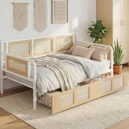 Twin Daybed, Day Bed Frame with 2 Storage Drawers | Rattan Boho Corner Bed Frames with Strong Supports, Sofa DayBed for