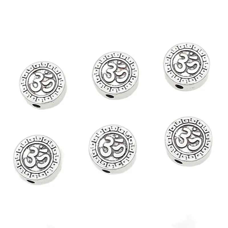 10pcs/Lot Religious Flat Round Buddhism Prayer Loose Beads 12mm Buddhist Symbol Charms Bead Spacers DIY Jewelry Accessories