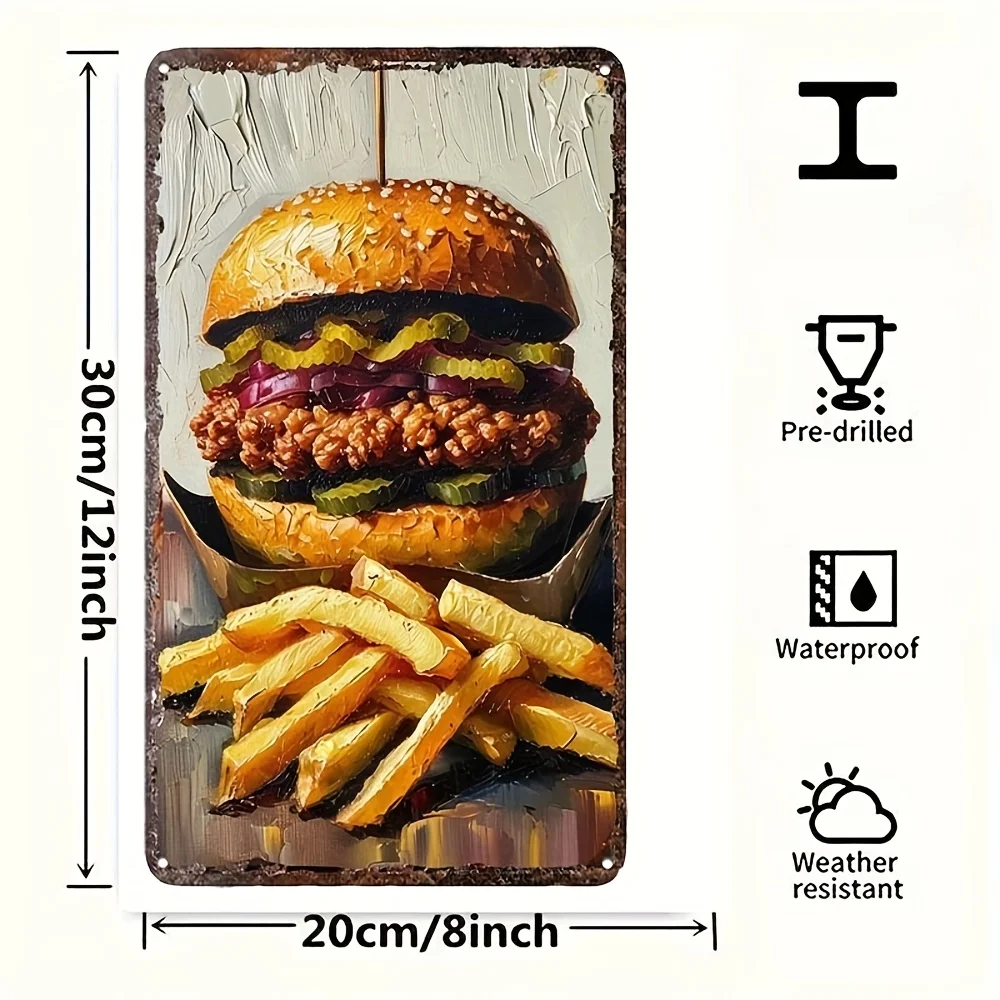2D Flat, 1pc Large Hamburger & Fries Metal Wall Art Sign - Vintage Fast Food Poster Suitable for Kitchen, Cafe, Bar, for Man Cav