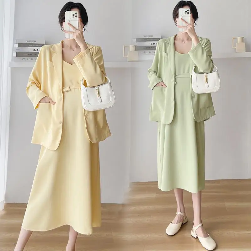 2024 Autumn Pregnant Women's 2pcs Suits Set Office Lady Elegant Clothes Set Long Sleeve Blazers Strap Dress Twinset Green Yellow