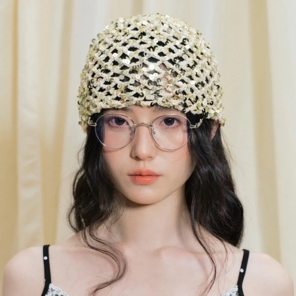 

Retro Vintage Sequin Woven Cap Y2k Hollow Sequin Bucket Hat Thin Knit Beanie Hats Summer