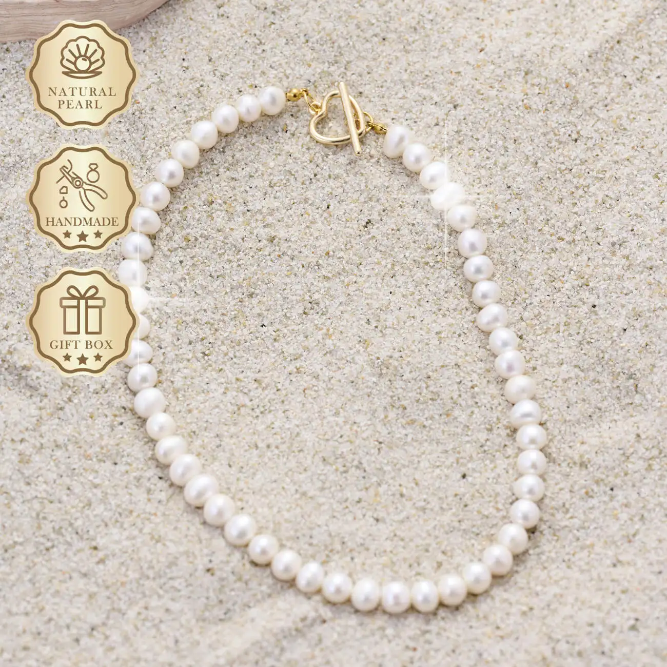

MYSOYA White Freshwater Pearl Necklace 7–8mm with Gold Heart Clasp, Gift Box, Birthday & Anniversary Gift
