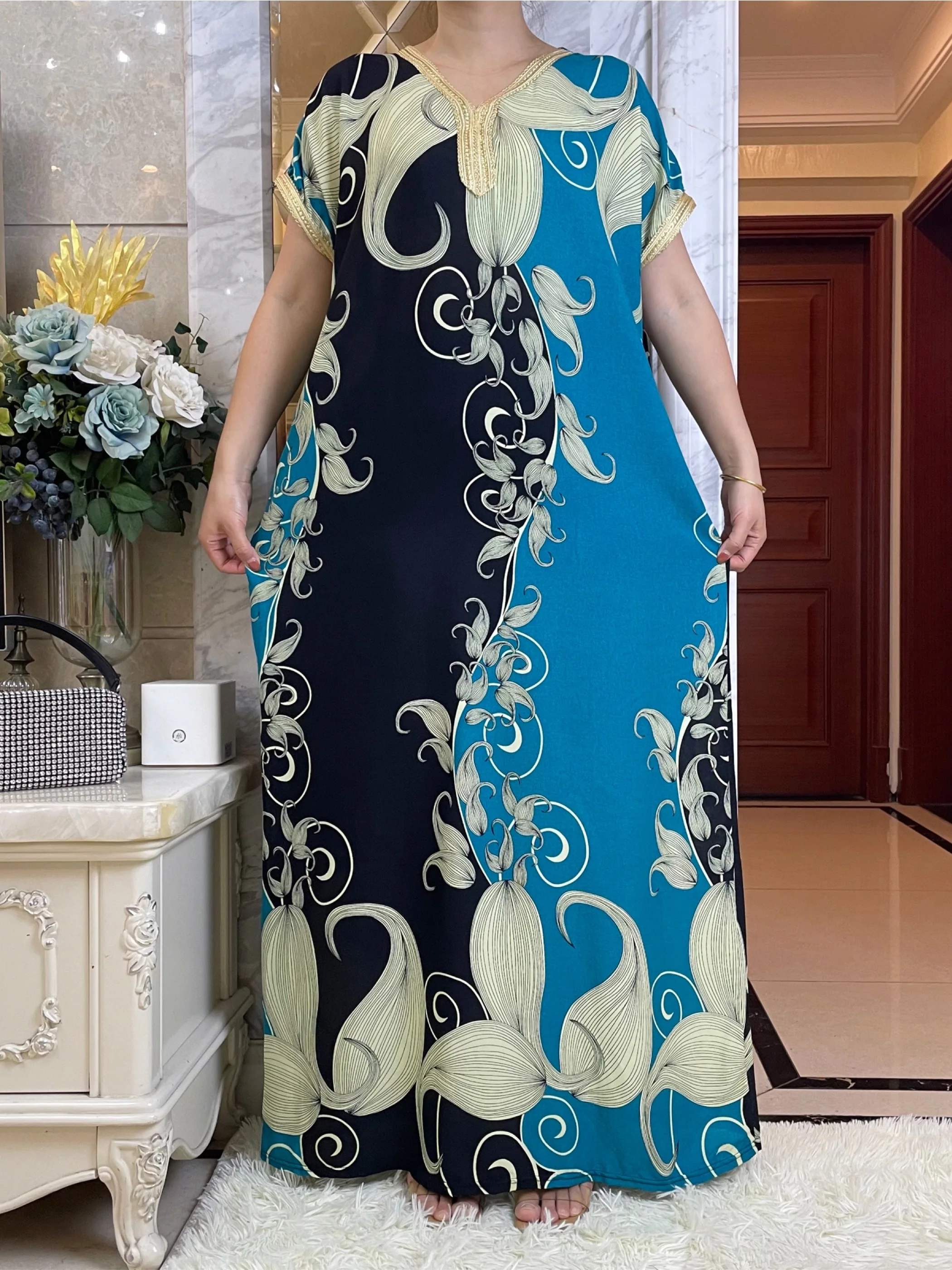 2023 Summer Dress New Style Long Sleeve African Dashiki Floral Printing Cotton Abaya Caftan Elegant Lady Dubai Maxi Casual