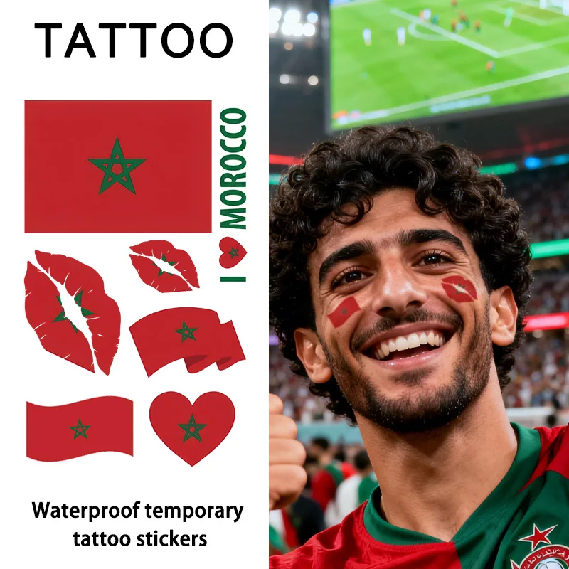 Morocco Flag Temporary Tattoo Sticker, Long-lasting and Waterproof, Festival, Football, Soccer Fan Stickers, Arm, Face