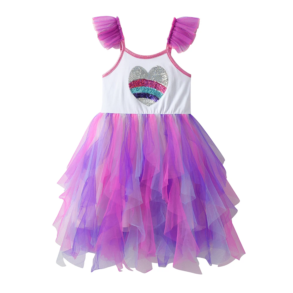 VIKITA Girls Rainbow Sequined Heart Shape Flare Sleeve Sling Suspenders Dress Kids Irregular Colorful Princess Party Tutu Frocks
