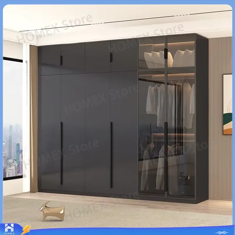Nordic Black Wooden Wardrobe with Glass Door Luxury Bedroom Storage Organizer Armoire Display Cabinet Modern Furniture Home