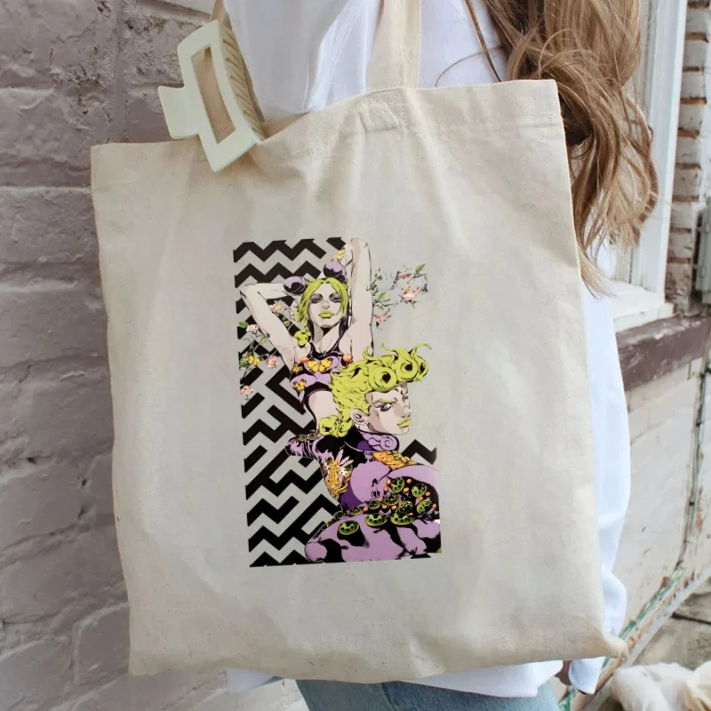 JoJo Bizarre Adventure JoJo Kujo Jolyne-Bolso de mano de lona con estampado para mujer, bolsa de compras reutilizable, ecológico y plegable