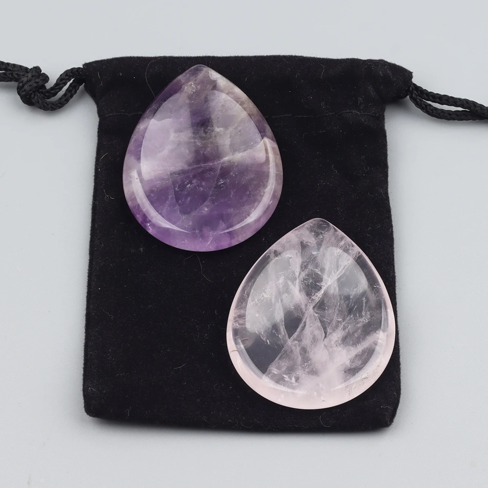 2 Pcs/Packet Amethyst Rose Quartz Worry Stones Teardrop Shape Crystal Thumbstones for Meditation Natural Vitality Palm Stones