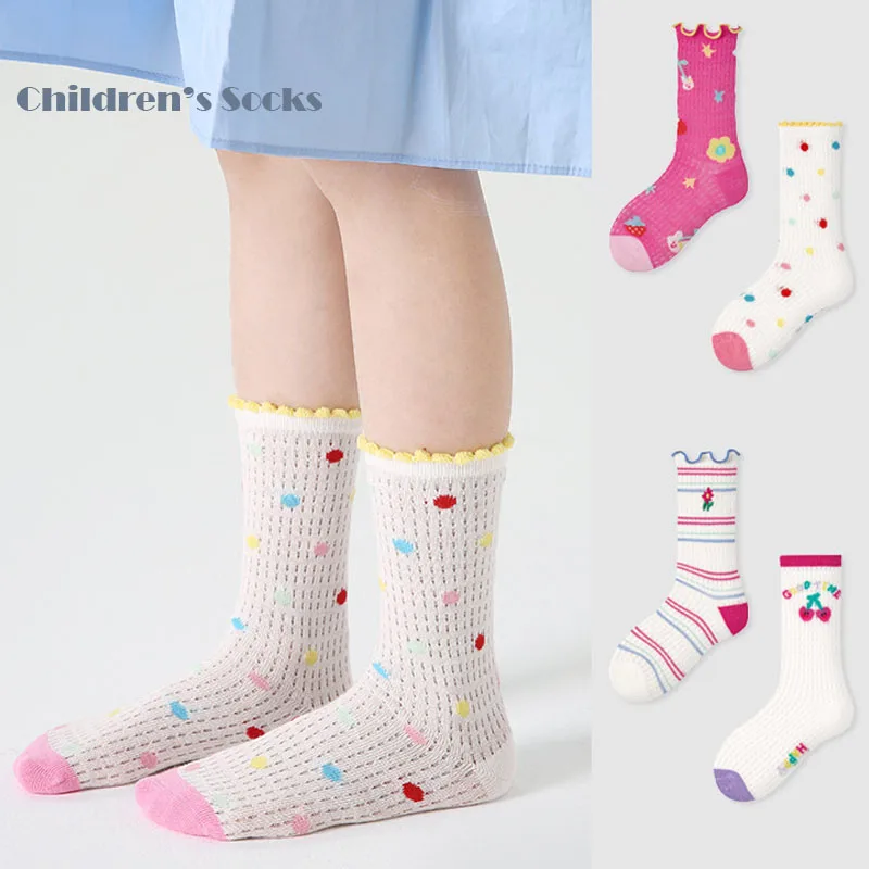 S1658 Girls Socks Summer Thin Sock Polka Dots Pattern Medium Socks Children's Trendy Cotton Sock 4 Pairs Pack Kids Crew Socks