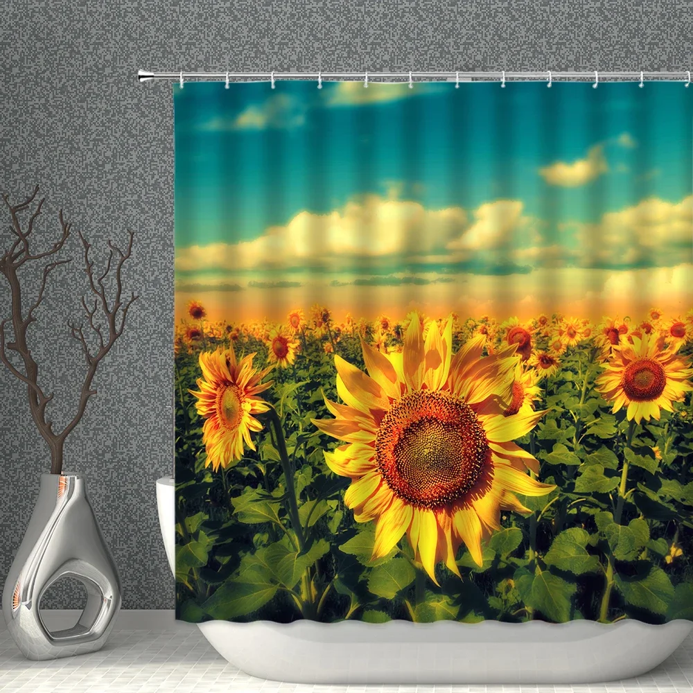 Yellow Sunflower Field Shower Curtain Green Leaf Plant  Home Bathroom Waterproof Polyester Cloth Decorative Screen Can Be Washed