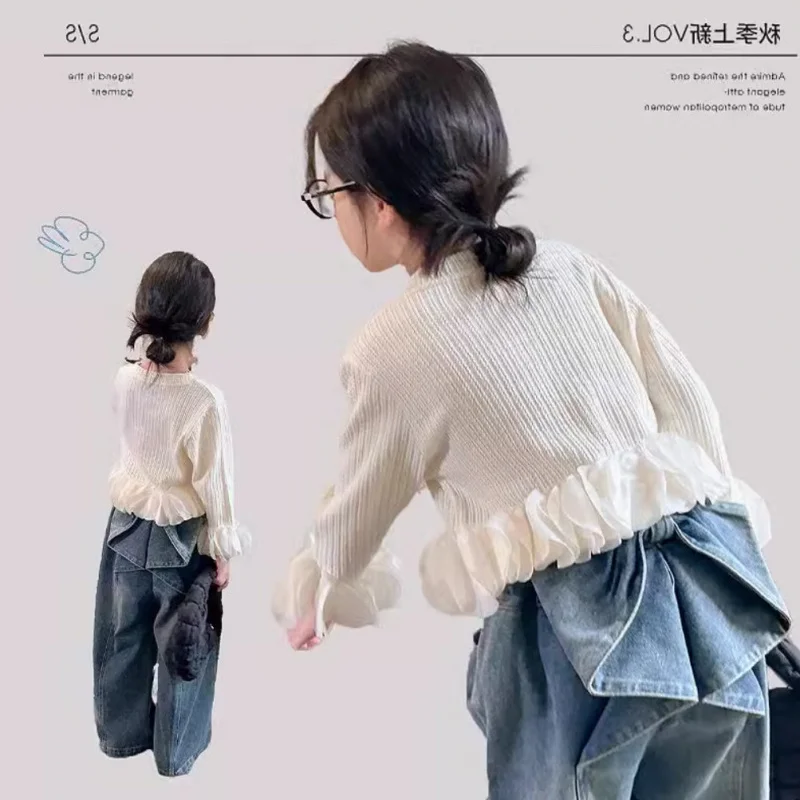 Girls' Pants Personalized Fake Two-Piece Jeans Trousers2025Spring and Autumn New Fashion Foreign Trade Children's Clothing Whole