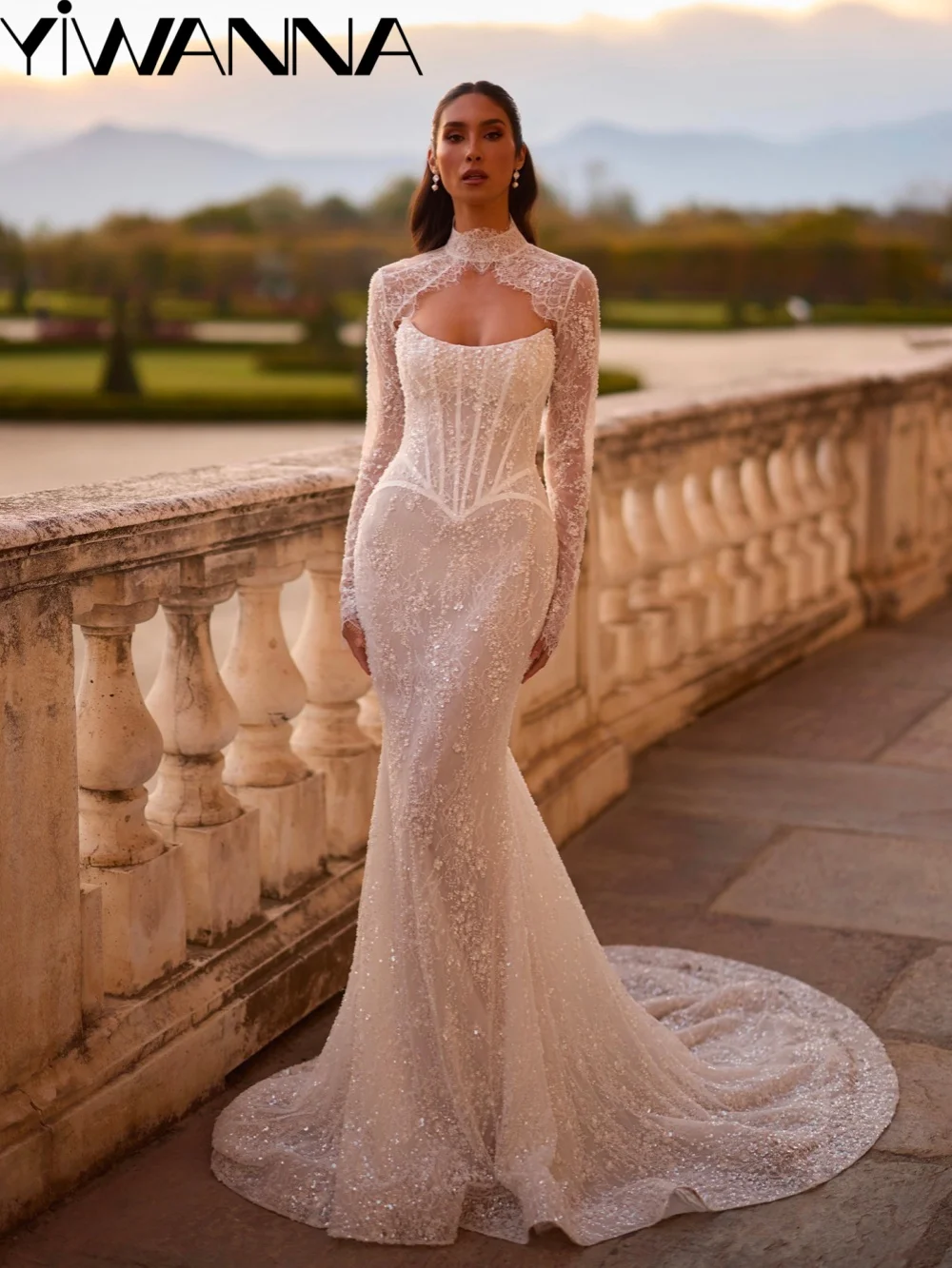 

Attractive Beaded Lace Long Wedding Dress Detachable Train Illusion Mermaid Bridal Gown Customized Strapless Dresses For Bride