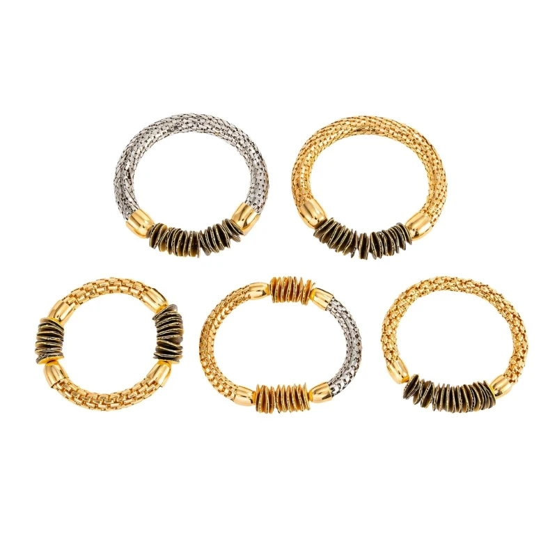 U4LF 5Pcs Bracelet Stack with Elastic Slip-On Construction, Mixed Band Textures, Gold-Tone and Silver-Tone Metal Disc Details,