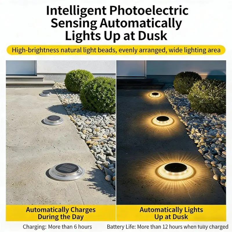 A7THK-Outdoor LED Marker Lights, Solar-Powered& Waterproof 6 Pcs Ground-Mounted Lights, 3 Color Modes