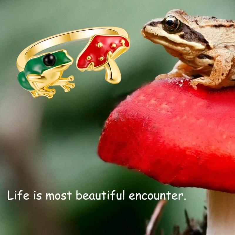 Fashion Red Mushroom Frog-Ring Adjustable Open Ring Mushroom Jewelry Gift for Women Girls Teen Cute Animal Finger Ring