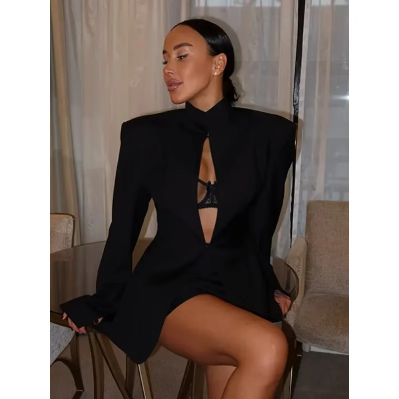 Vestido Blazer Negro Sexy con Aberturas para Mujer, Elegante, Manga Larga, Hombreras, Cintura Ajustada, Mini Vestido 2026, Nuevo, para Fiesta de Noche