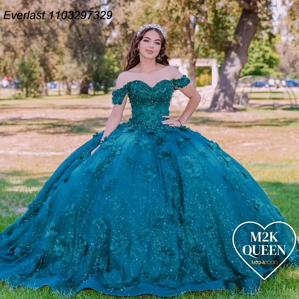 EVLAST-Robe mexicaine Quinceanera vert foncé, robe de Rh, appliques florales 3D, corset de perles, Sweet 16, robe éducative, 15 Anos, TQD813