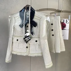 Donne elegante Chic fragrante Y2K vestito Jacke cappotto Top e minigonna due pezzi Set Outfit inverno Jacquard Vintage Tweed uniforme