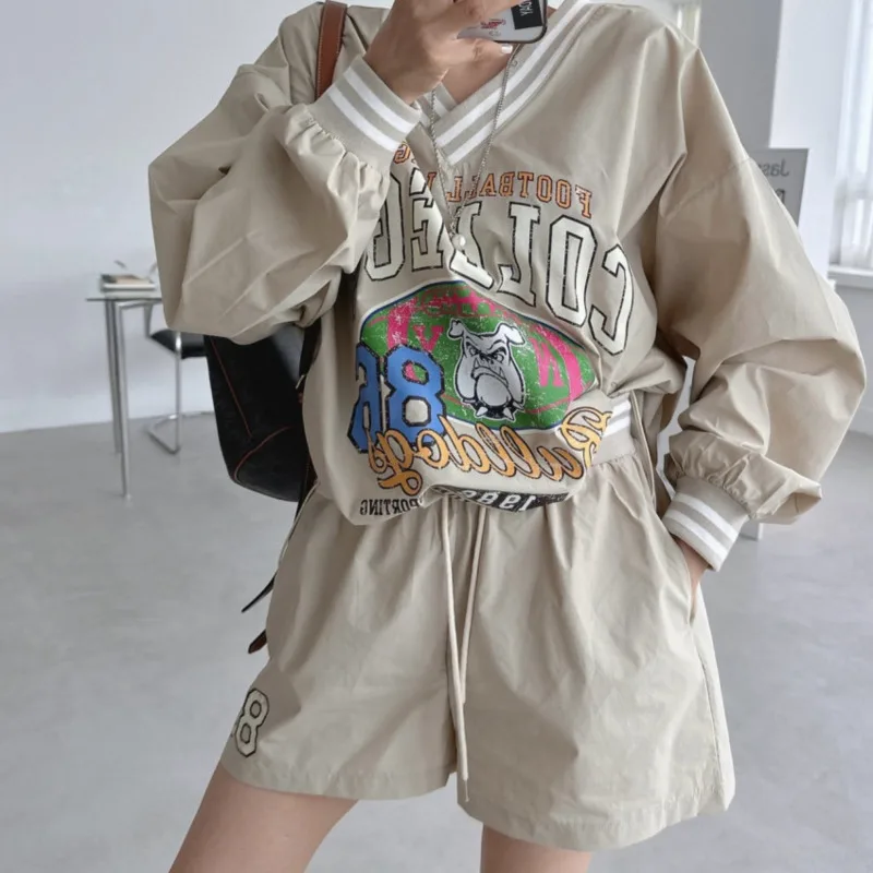 Patchwork Korean Style Shorts Sets Long Sleeve Tops Drawstring Shorts Sport 2 Piece Suits Letter Printed Harajuku Sets For Women