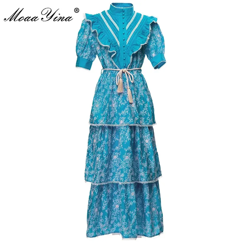 MoaaYina Fashion Designer dress Summer Women's Dress Stand Collar Lantern Sleeve Ruffled Lace-up Printing Dresses