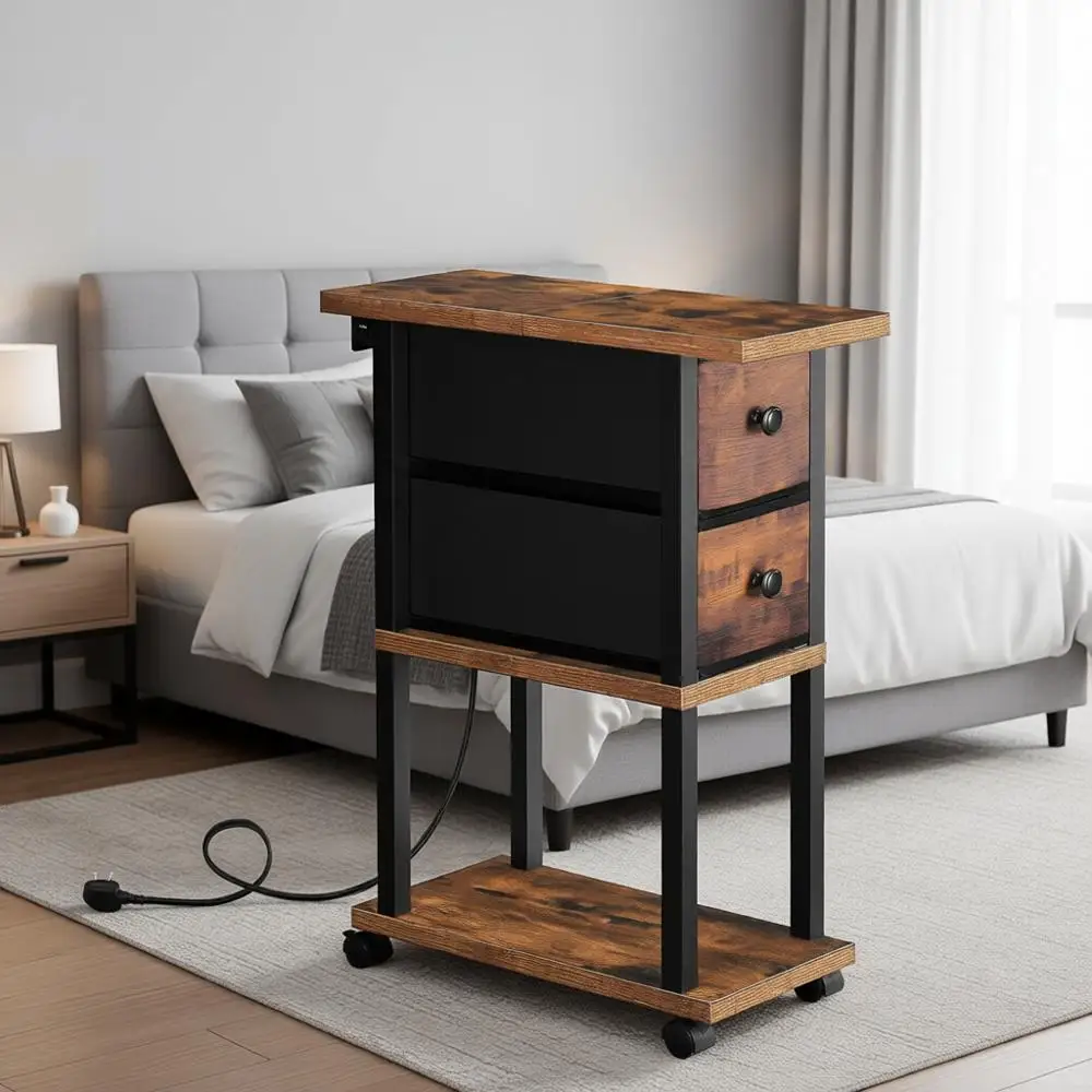 

Slim Nightstand with Charging Station and Adjustable Storage for Small Spaces in Rustic Brown and Black