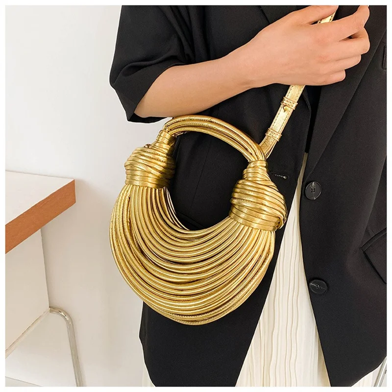 Bolsas artesanais para mulheres, novas em ouro, luxo, marca designer, bolsas de macarrão, amarradas com corda, hobo puxado, embreagem de noite prateada, 2024