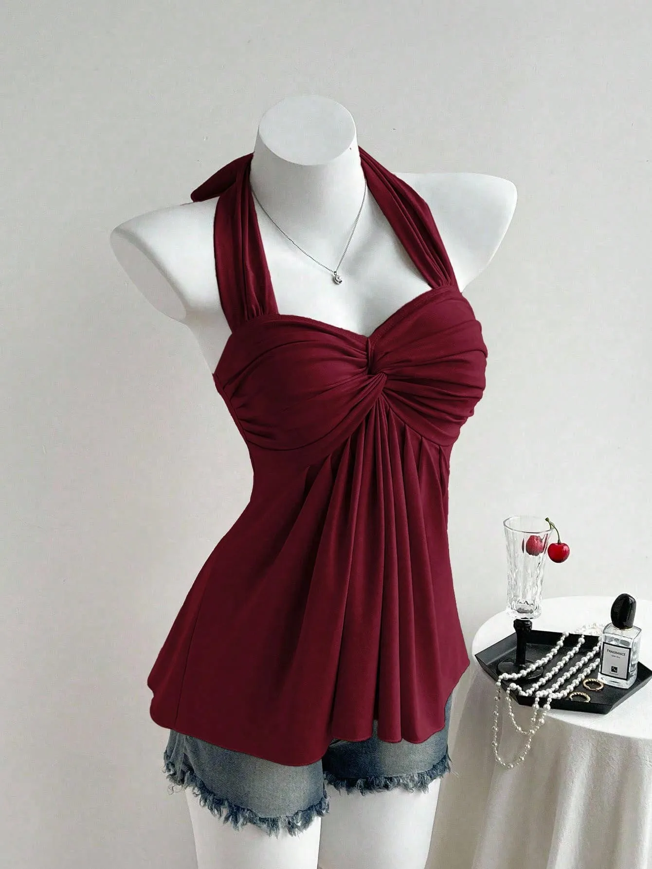 Halter Twist Front Pleated Top For Women, Sleeveless Loose Hide Tummy Tank Top, European Style Casual Camisole