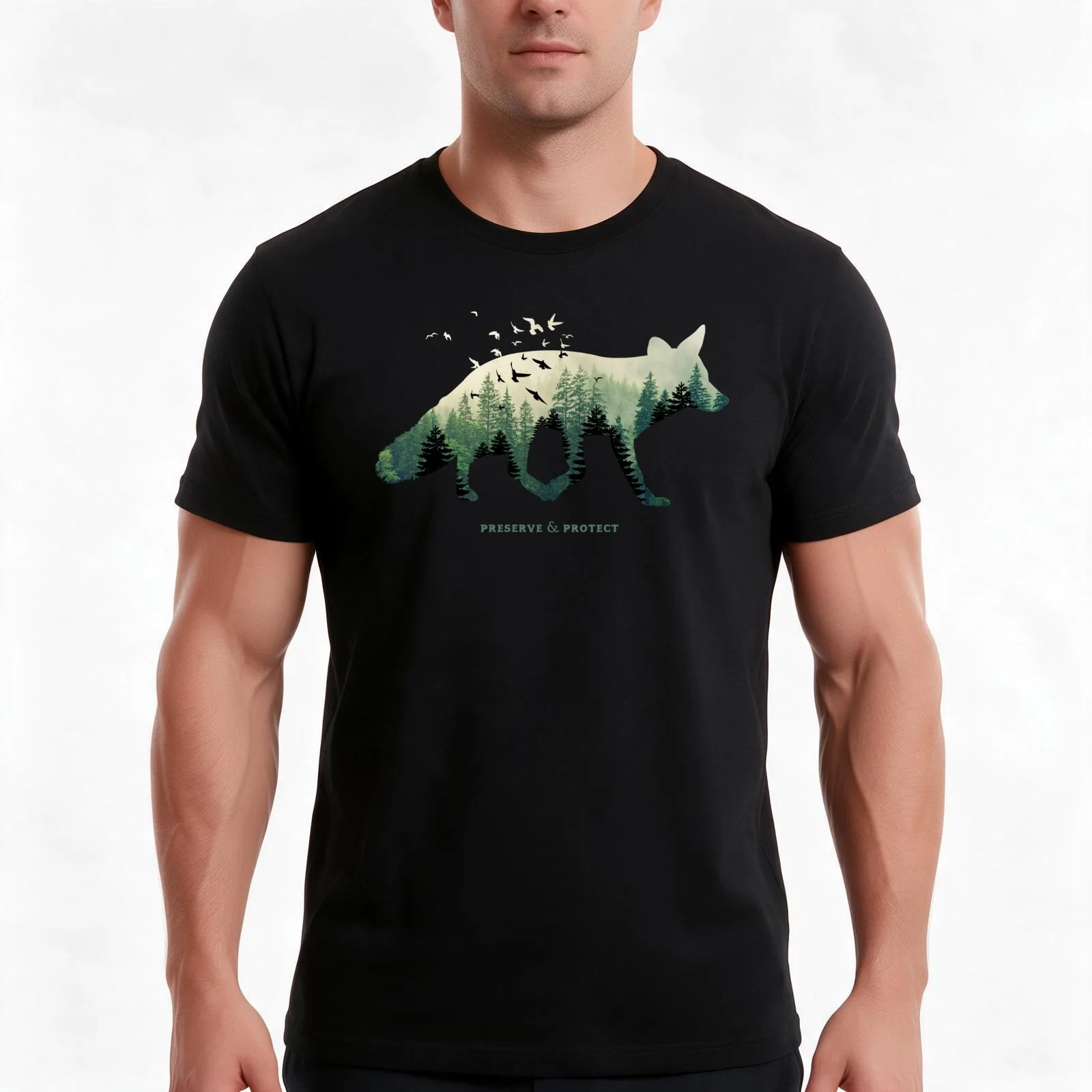 Preserve & Protect Nature Double Exposure Fox Silhouette Trees Forest Save the Environment Climate Change Wilderness Hik T-Shirt