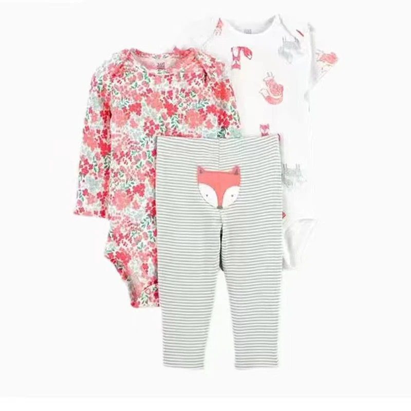 Spring Baby Girls Clothes Sets Cotton Fashion Flower Infant Outfits Sleeved Bodysuit 3Pcs Kids Toddler Children Overalls 6-24M