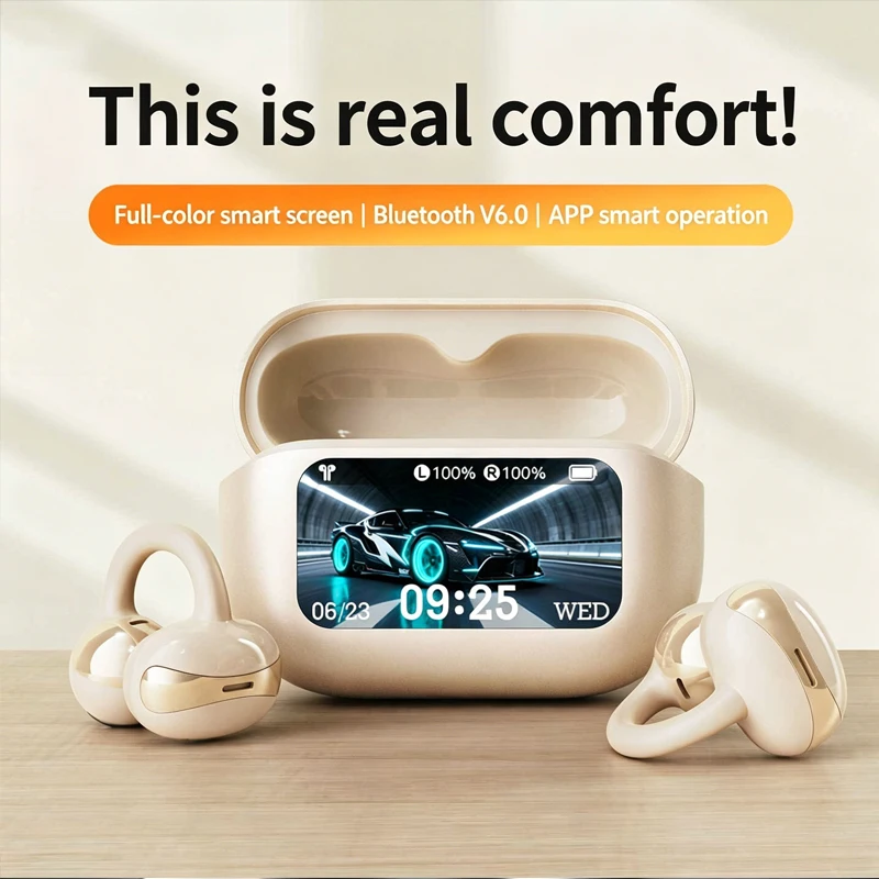 New Tour Pro7 Wireless Clip On Bluetooth Earphones APP Multi Functional Full Color Smart LED Screen Noise Cancelling Earbuds