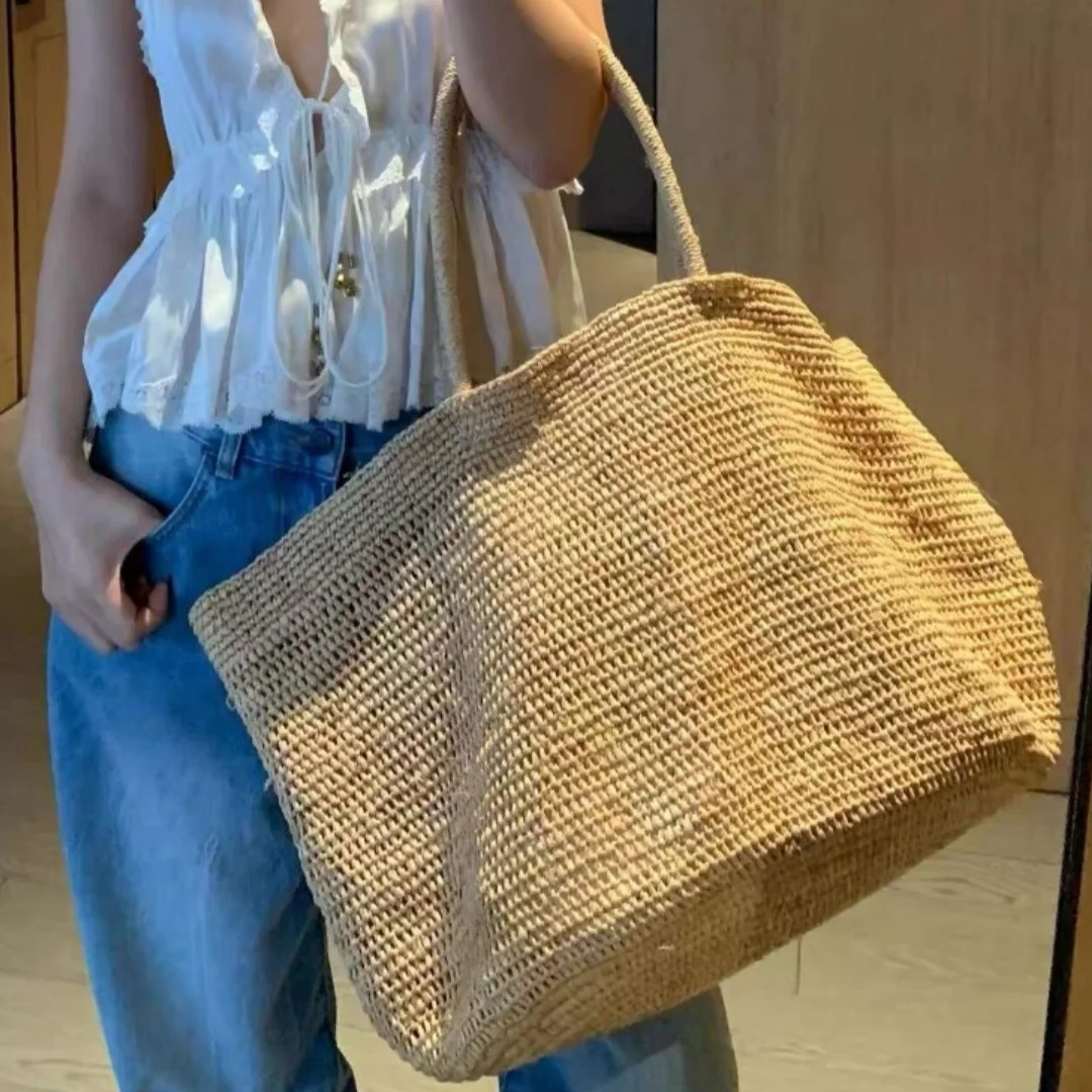 Large Handwoven Rattan Tote Bag for Women Natural Straw Beach Bag Purse Luxury Shoulder Bags Handbag Summer