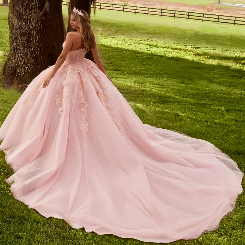 فساتين Quinceanera للأميرة الوردية اللامعة بدون أكتاف مزينة بالزهور والريش تول الحلو 16 فستان حفلة فيستدوس 15 دي أنوس #4