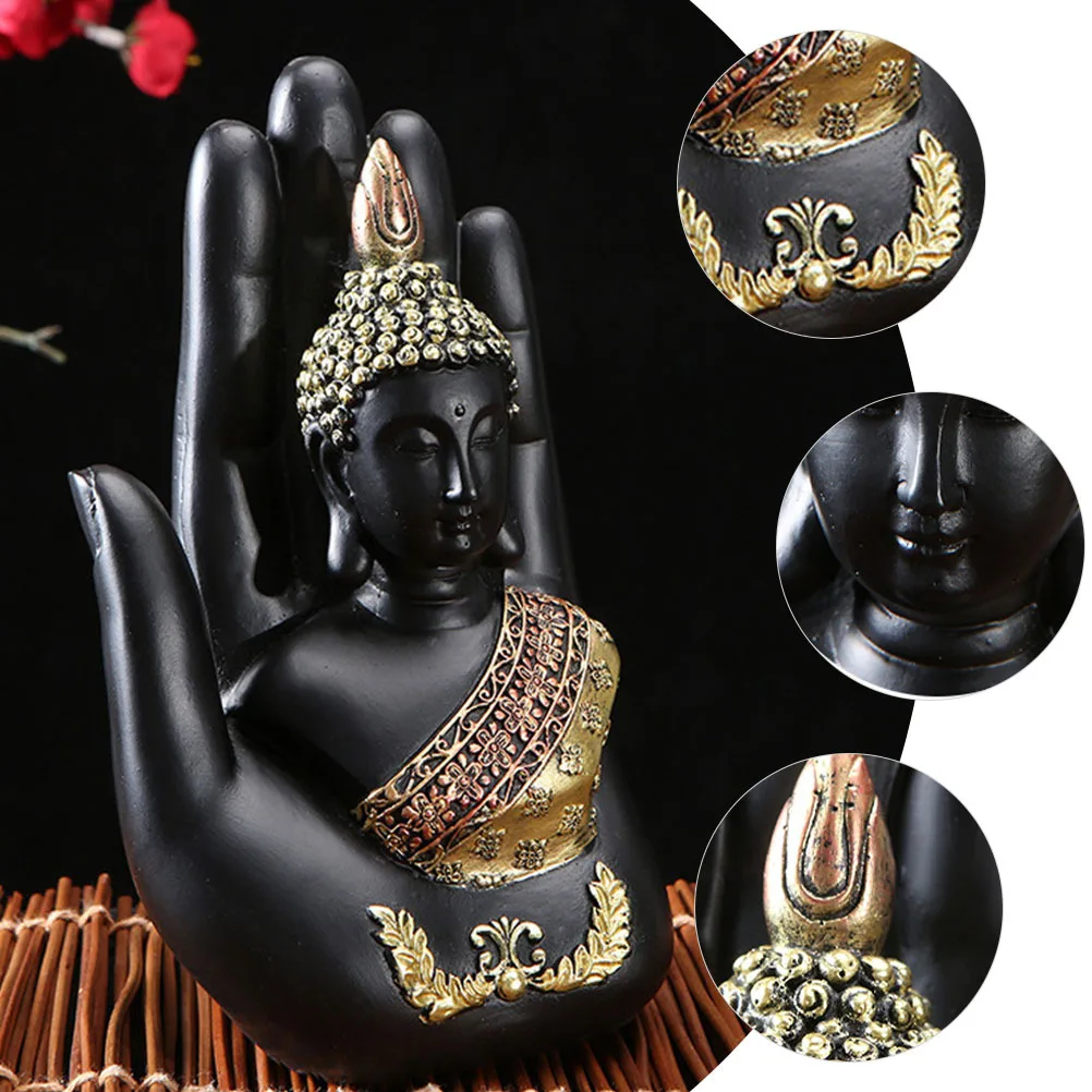 

Resin Palm Buddha Statue Hand-Painted Black Gold Meditating Buddha Sculpture Hallway Desktop Home Decor