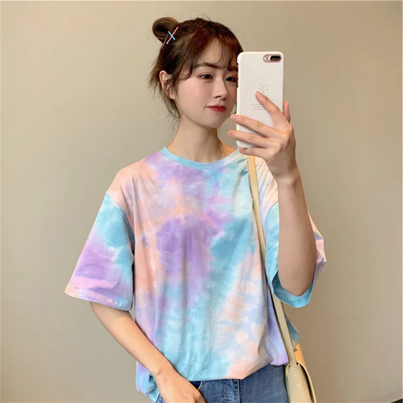 Tie Dye Short Sleeve T-shirts Women Sweet Design Chic Retro Harajuku Basic Summer New Arrival Tops Mujer Ulzzang Teens Hip Hop