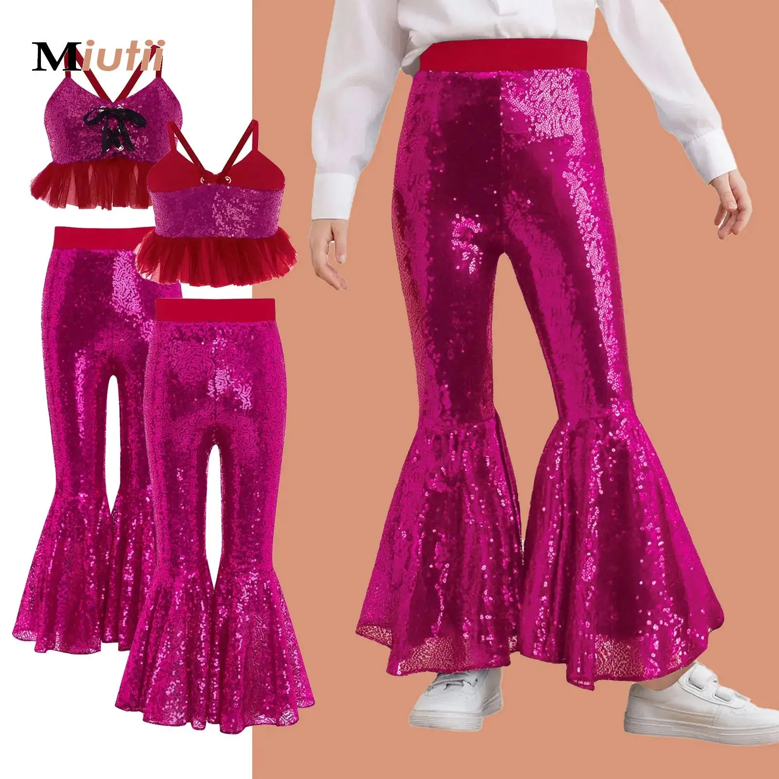 

Детская майка из тюля с оборками и блестками для девочек и расклешенные брюки, комплект одежды для джазовых танцев, одежда для выступлений в стиле хип-хоп, уличные танцы, сценическая одежда