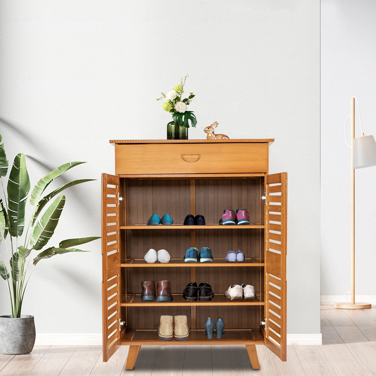 

4 tiers Bamboo Shoe Storage Cabinet with Doors, Freestanding Shoes Heels Sneakers Shelf Rack for Entryway Office Living Room