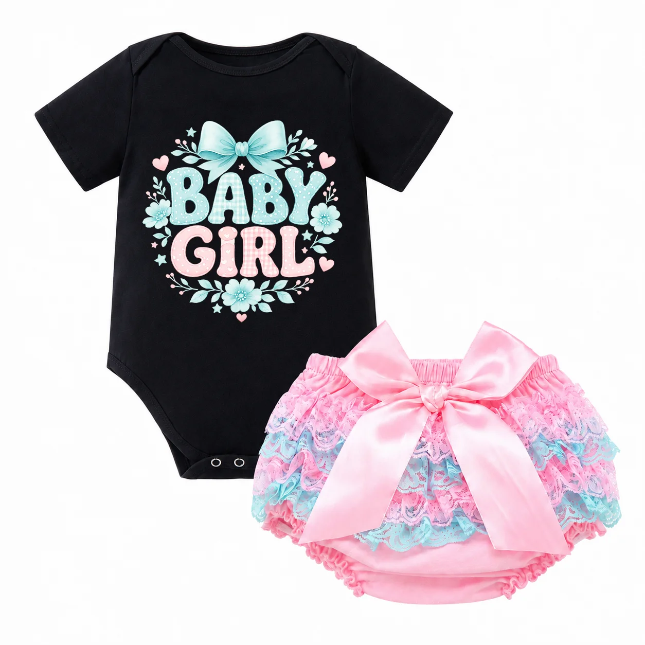 2Pcs Baby Girl Outfit Set Short Sleeve 